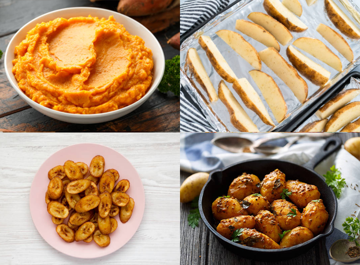 Image of mashed yams, potato wedges on a tray, spicy boiled potatoes and baked plantains