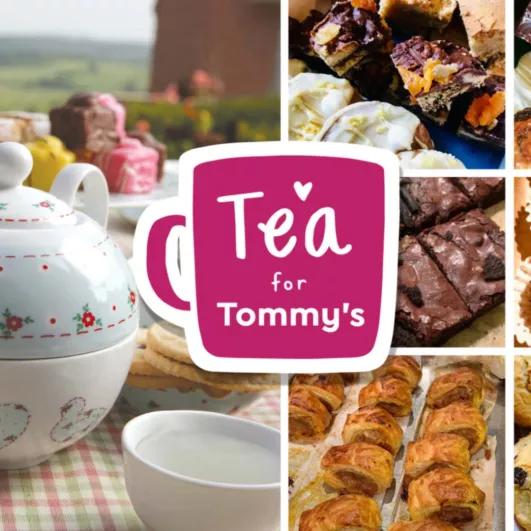 A collage of photos of cakes and bakes with a Tea For Tommy's logo in the middle on a pink cartoon mug