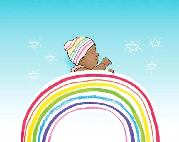 An illustration of a rainbow, with a baby behind wearing a rainbow hat.