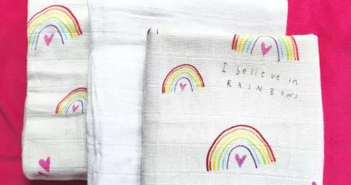 A photo of our Tommy's rainbow muslins